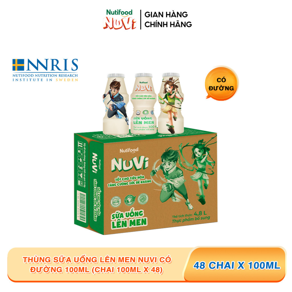 Thùng 48 hộp sữa uống lên men Nuvi Có Đường 100ml
