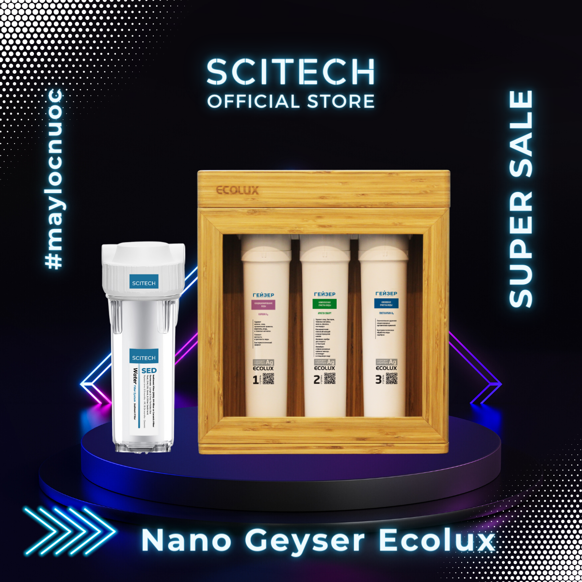 Máy lọc nước Nano Geyser Ecolux vỏ gỗ kèm bộ đơn lọc thô 10 inch by Scitech - Hàng chính hãng