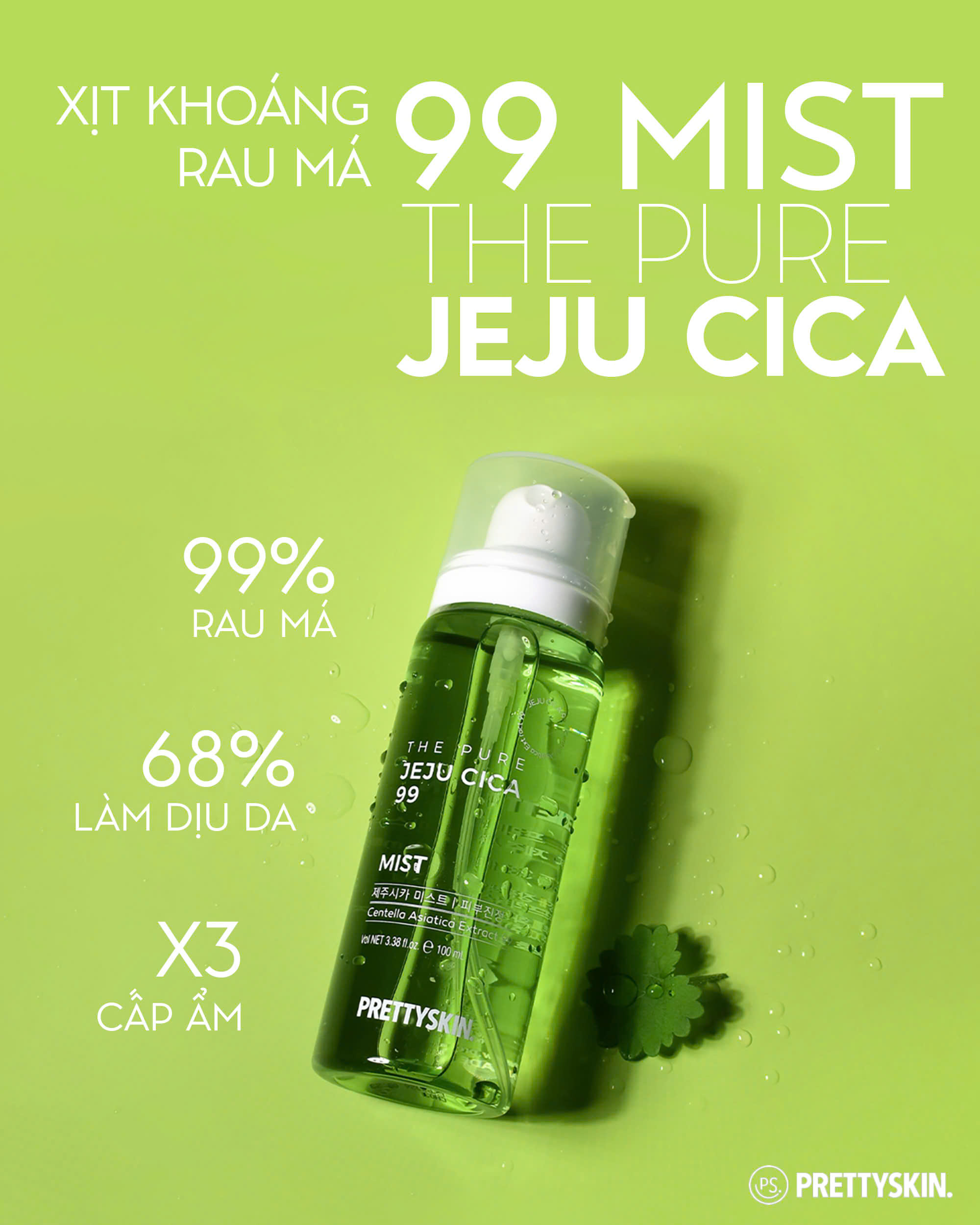 Xịt khoáng rau má Pretty Skin The Pure Jeju Cica 99 Mist làm dịu cấp ẩm cho da - Giữ lớp make up lâu trôi Hàn Quốc 100ml