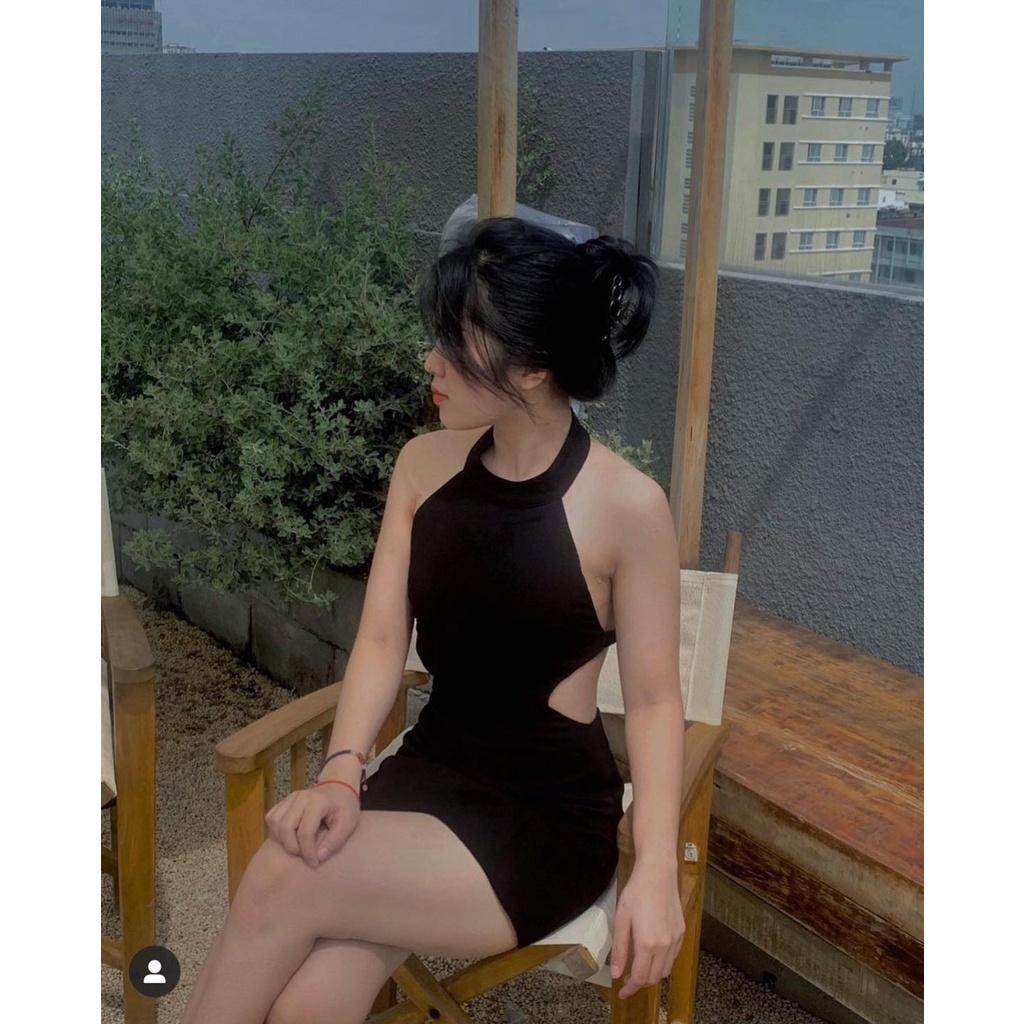 SET ĐẦM YẾM ĐEN CUTOUT LƯNG KÈM KHOÁC NGOÀI