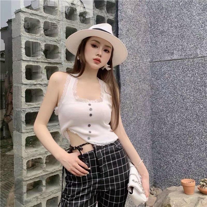 Áo len nữ dệt kim cổ yếm hở lưng croptop viền ren hàng khuy