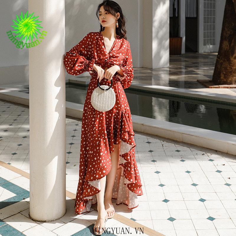 Đầm Dáng Dài In Họa Tiết Phong Cách Retro Nữ Tính