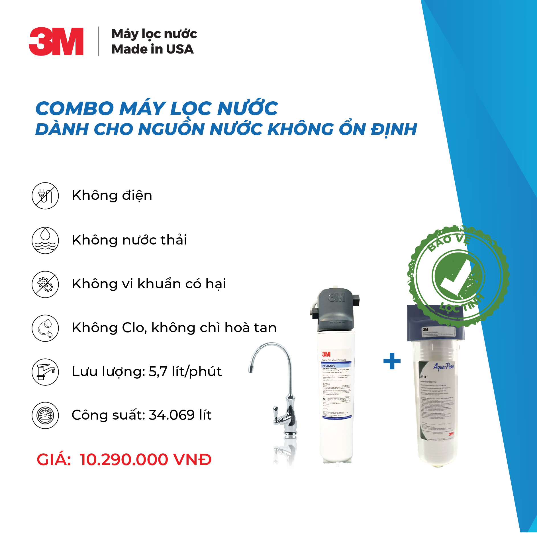 Combo 3M Máy Lọc Nước 3M BREW120-MS Kèm Vòi Và Lọc Thô 3M AP 055T-110 Không Điện - Hàng Chính Hãng