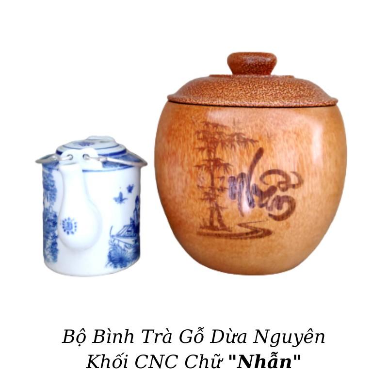 Bộ Bình Trà Gỗ Dừa Không Chân Gọn Đẹp Hoa Văn "Chữ Nhẫn" - Bình Trà 700 - 900ml