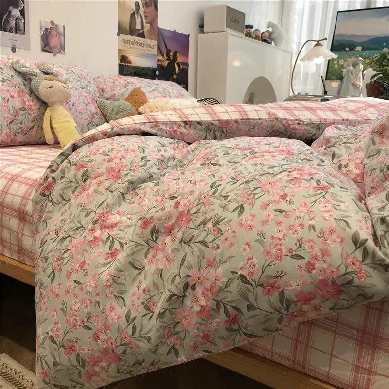 Bộ Chăn Ga Gối Cotton Living 100%Cotton Hàng Nhập Khẩu Cao Cấp 4 Món Hoa Nhí Vintage Hàn Quốc