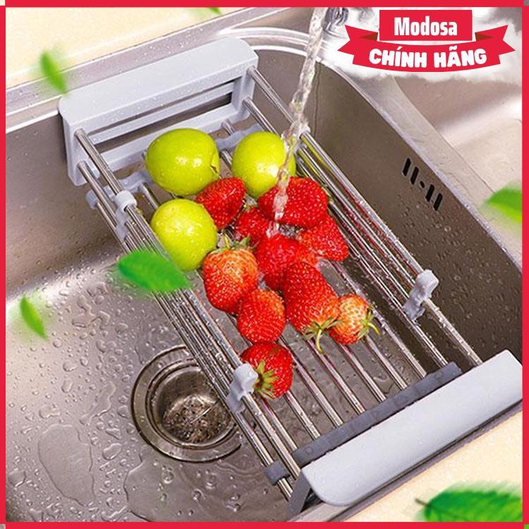 Rổ Inox Rút Gọn Modosa - Khay Inox Gác Bồn Rửa Tiện Dụng-Tặng Kèm 03 Khăn Lau 2 Mặt Siêu Thấm Nhà Bếp - Hàng Chính Hãng