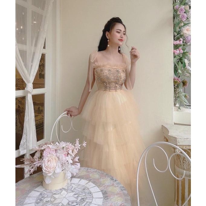 Đầm váy nữ xoè tầng nơ vai siêu xinh