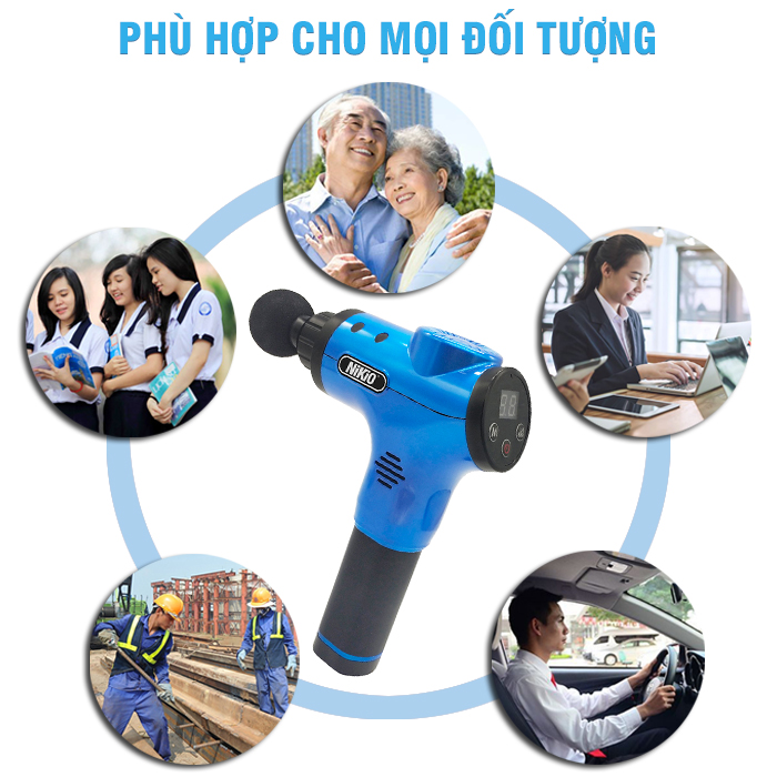 Súng mát xa cầm tay Nhật Bản Nikio NK-170B - 6 đầu, 5 chế độ mát xa, xanh dương - Mát xa toàn thân hỗ trợ điều trị đau nhức mỏi, căng cơ