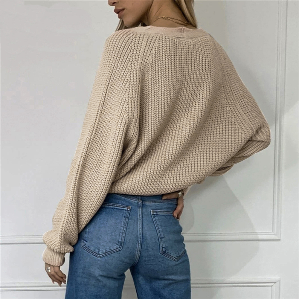 New Women Autumn Winter Oversize Knitted Sweater Solid Casual Cardigan Deep V-Neck Drop Long Sleeves Knitwear Outwear