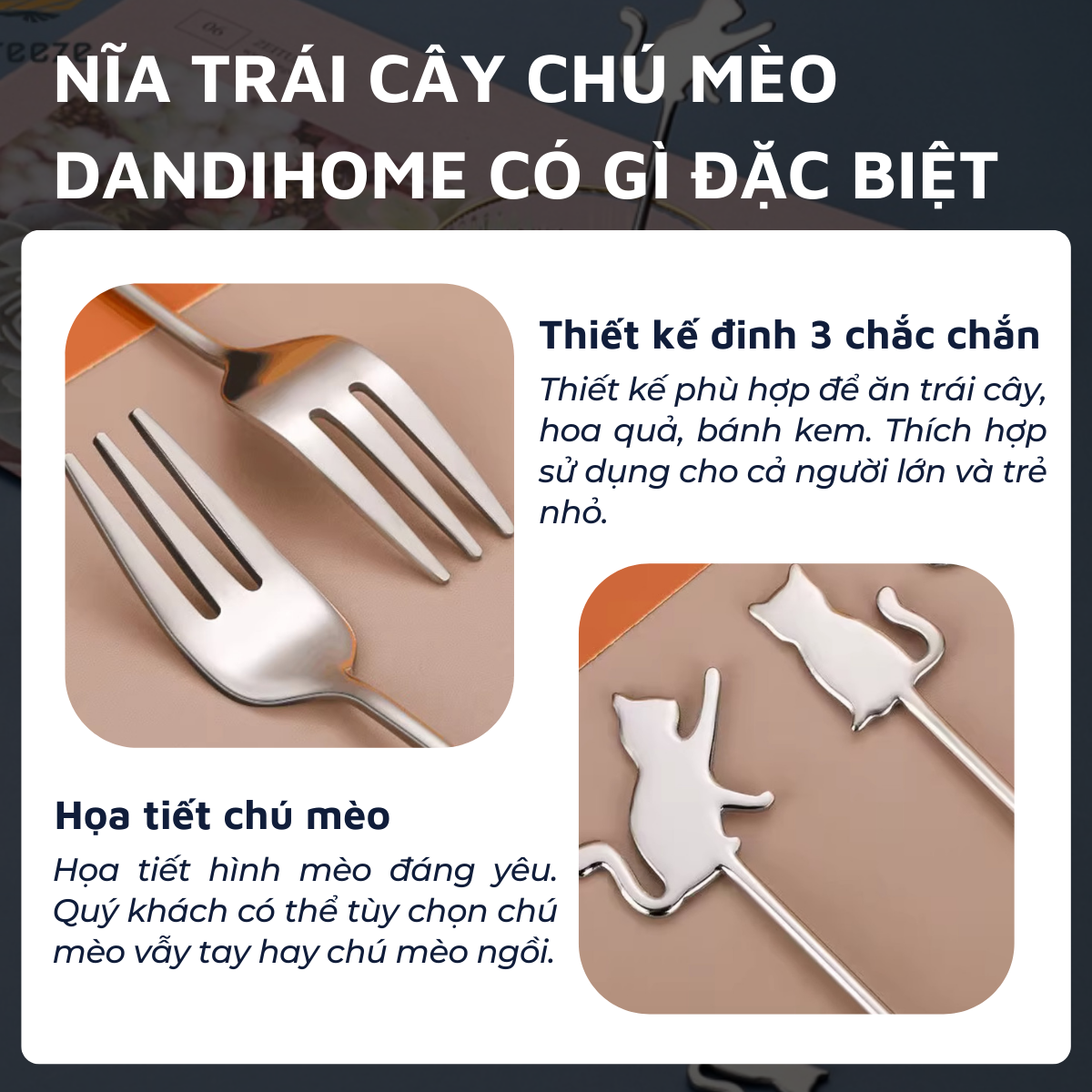 Pack 6 nĩa/dĩa ăn trái cây, hoa quả, bánh kem inox 304 DandiHome hoạt hình dễ thương hình chú mèo