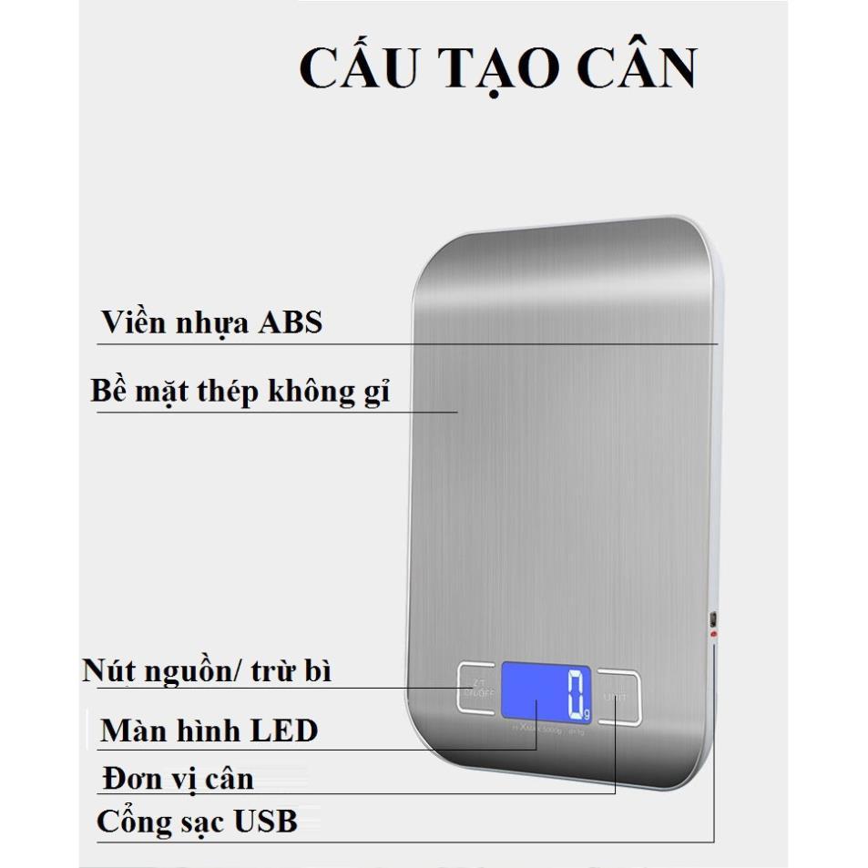 Cân thực phẩm điện tử 5kg-1g độ chính xác cao mặt thép không gỉ, cân tiểu ly, cân nhà bếp