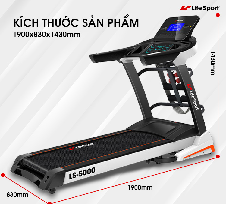 Máy Chạy Bộ Lifesport LS-5000,Máy Chạy Bộ Hiển Thị Nhịp Tim Lượng Calo Và Tốc Độ Và Quãng Đường Chạy, Vùng Chạy Rộng