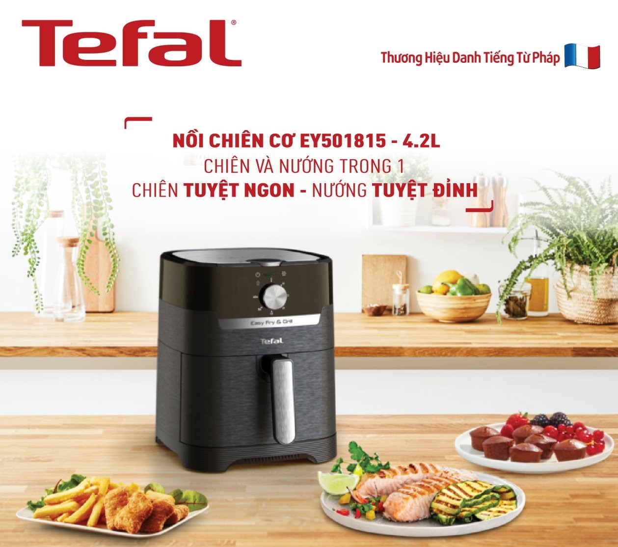 Nồi chiên, nướng không dầu cơ Tefal 2 trong 1 EY501815, Dung tích lòng nồi 4.6L / sử dụng 4.2L /1.2kg- Hàng chính hãng