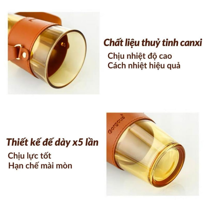 Ly, Cốc Thủy Tinh Bọc Da Dáng Cao Kèm Quai Xách, Ống Hút Sanh Chảnh, Dày Đẹp