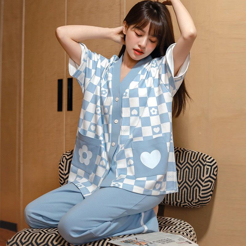 Bộ Mặc Nhà Pyjama Áo Cộc Quần Dài Cổ V Chất Cotton Thấm Hút Co Dãn Mềm Mại