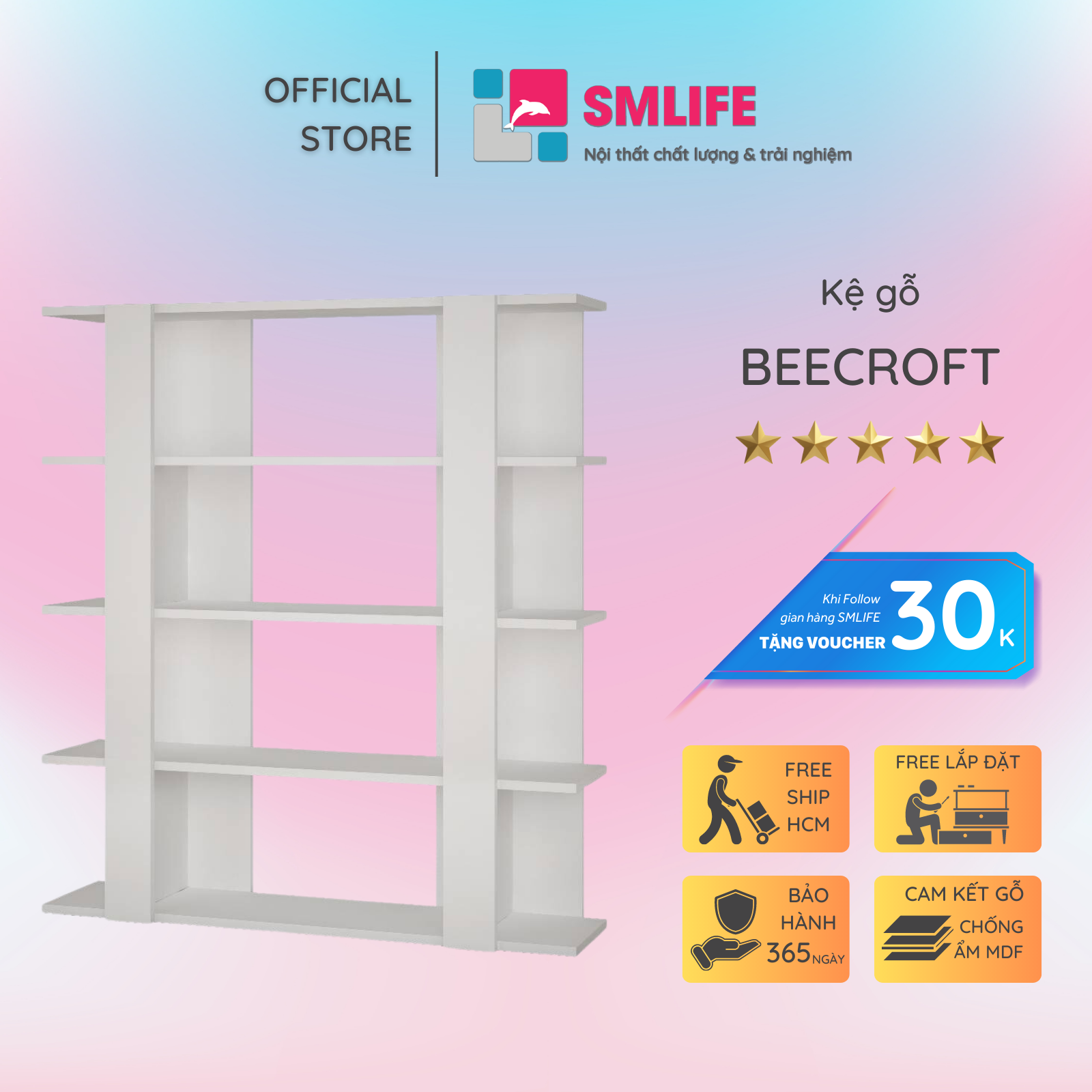 Kệ sách gỗ hiện đại SMLIFE Beecroft  | Gỗ MDF dày 17mm chống ẩm | D110xR28xC120cm - Màu