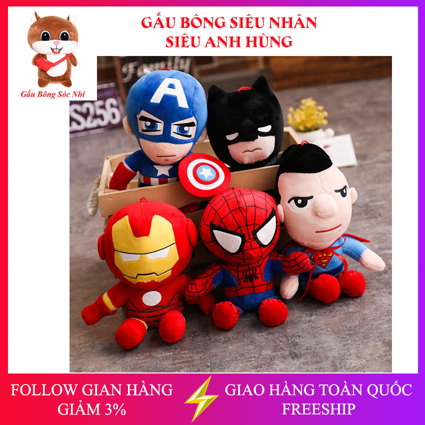 Gấu bông cho bé siêu nhân, siêu anh hùng, người nhện, người dơi, người sắt, đội trưởng mỹ
