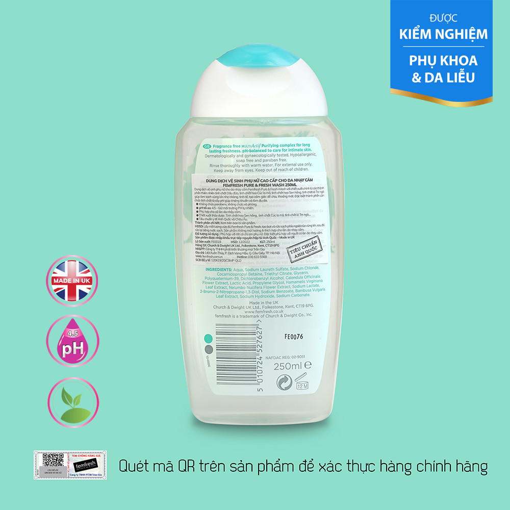 Dung dịch vệ sinh phụ nữ cao cấp cho da nhạy cảm Femfresh Pure &amp; Fresh Wash 250ml, làm sạch thơm, kháng viêm, kháng khuẩn