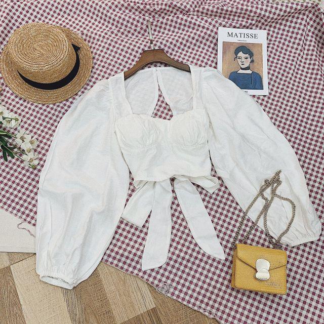 Áo trắng croptop tay bồng nơ lưng