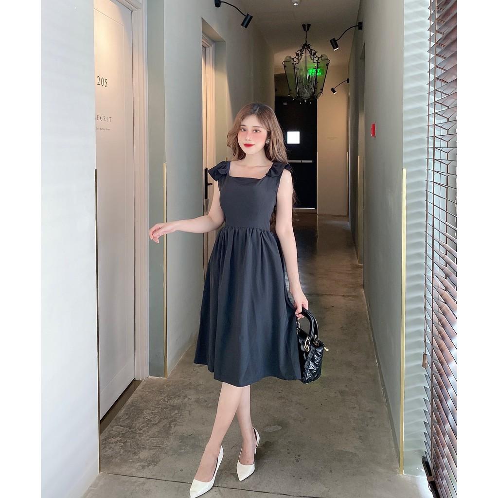 ĐẦM BÈO VAI NHÚN NƠ SAU KHOÉT LƯNG CỔ VUÔNG DÁNG XÒE-hình thật shop chụp