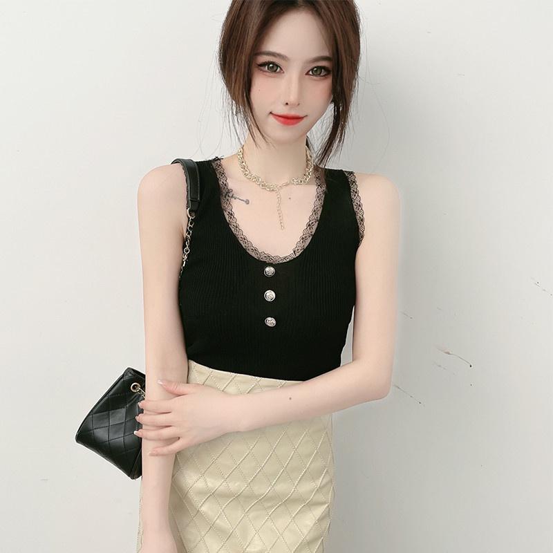 MS633 Áo ba lỗ viền ren đính cúc len tăm Quảng Châu