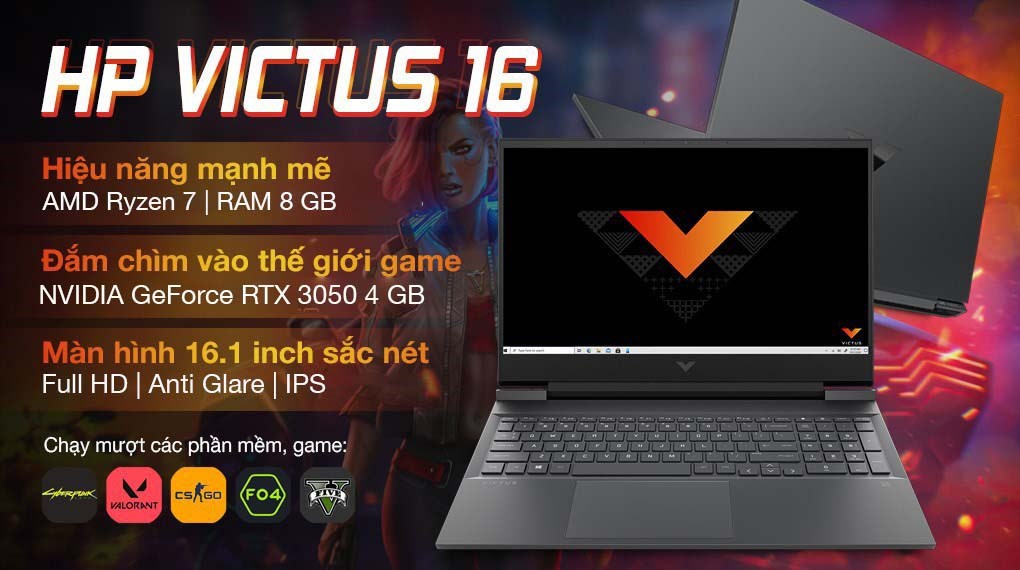 Laptop HP VICTUS 16 e0170AX R7 5800H/8GB/512GB/4G RTX3050Ti/16.1"F/144Hz/Win11//Đen - Hàng chính hãng