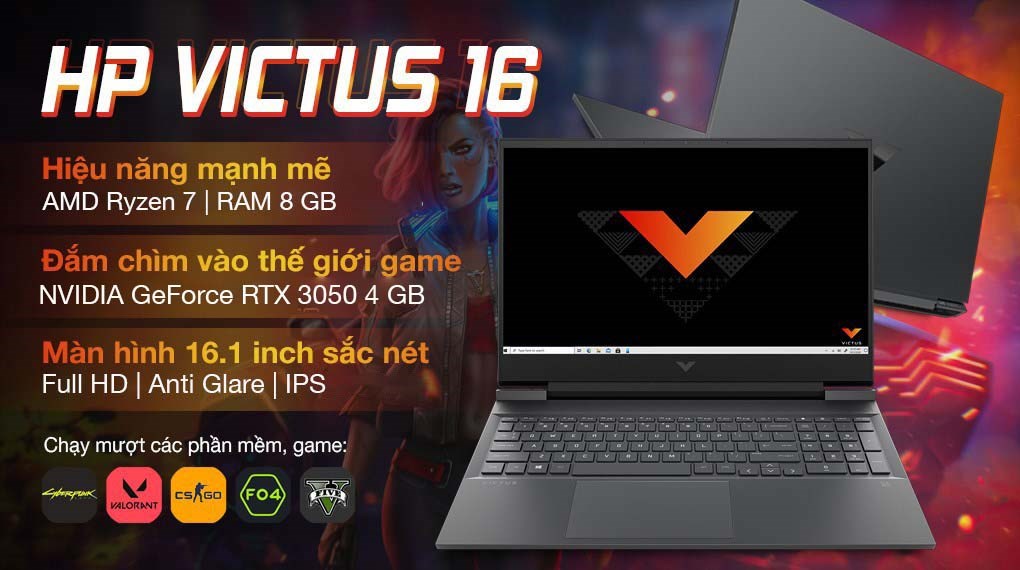 Laptop HP VICTUS 16 e0170AX R7 5800H/8GB/512GB/4G RTX3050Ti/16.1&quot;F/144Hz/Win11/(4R0U7PA)/Đen - Hàng chính hãng