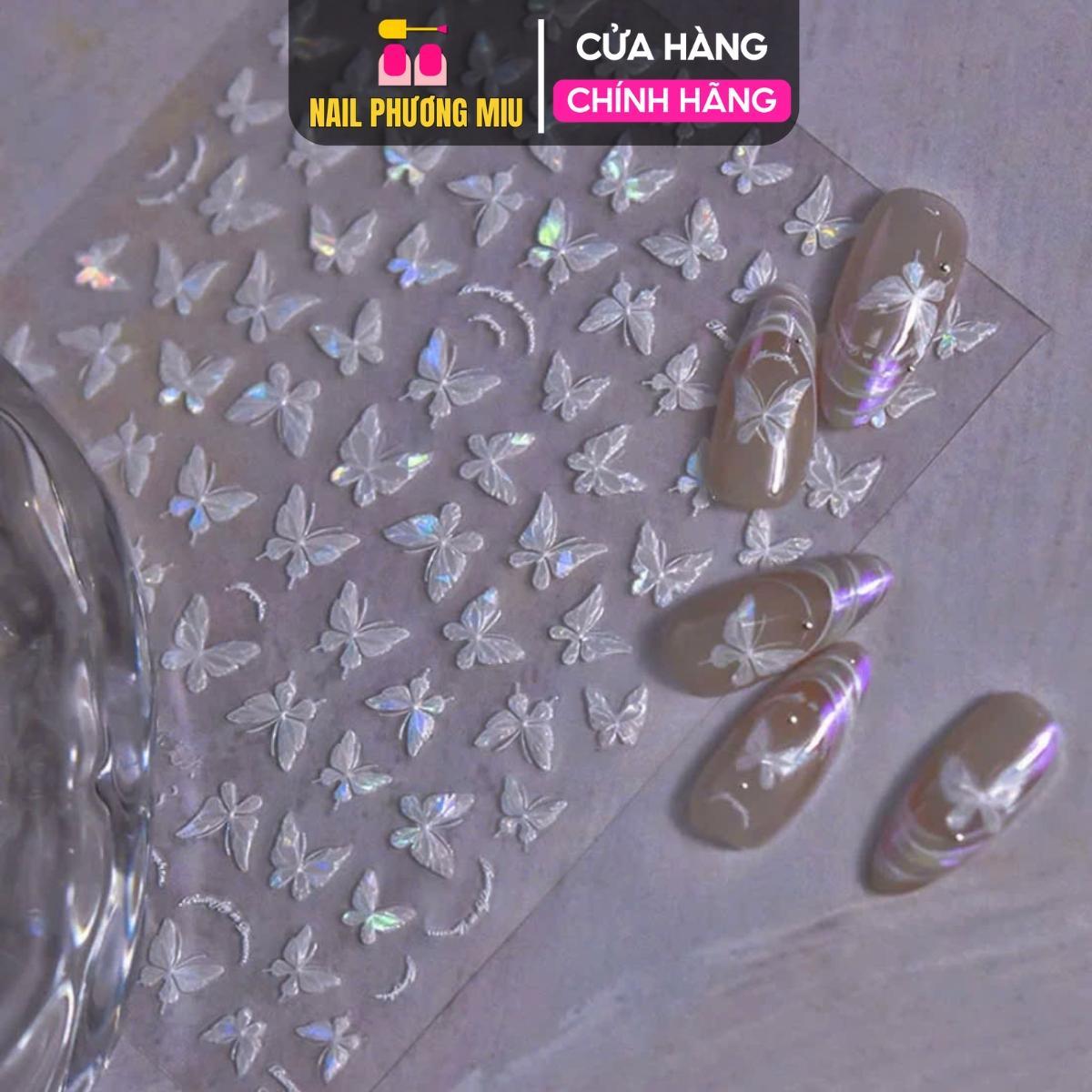 Sticker 5D Hình Bướm Phản Quang M2008 Làm Nail Xinh Lấp Lánh, Hình Dán Móng Bướm Nổi Cầu Vồng Trắng Mix Size