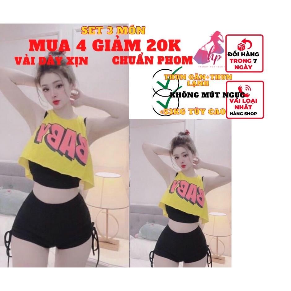 Set đồ nữ 3 món thể thao áo croptop ba lỗ sát nách kèm áo 2 dây ôm body + quần cộc rút eo 2 bên VD124