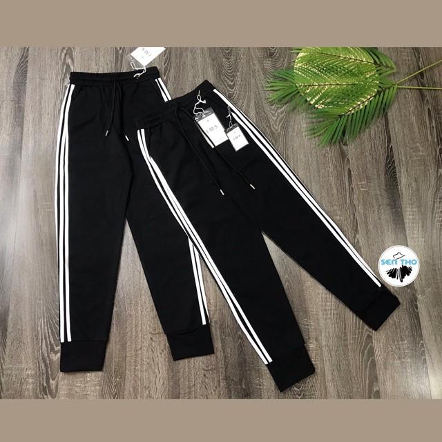 Quần Jogger 3 Sọc Trắng, Quần Nữ Dáng Dài, Thể Thao Có Dây Buộc, Chất Umi Dày Dặn, Co Giãn Tốt