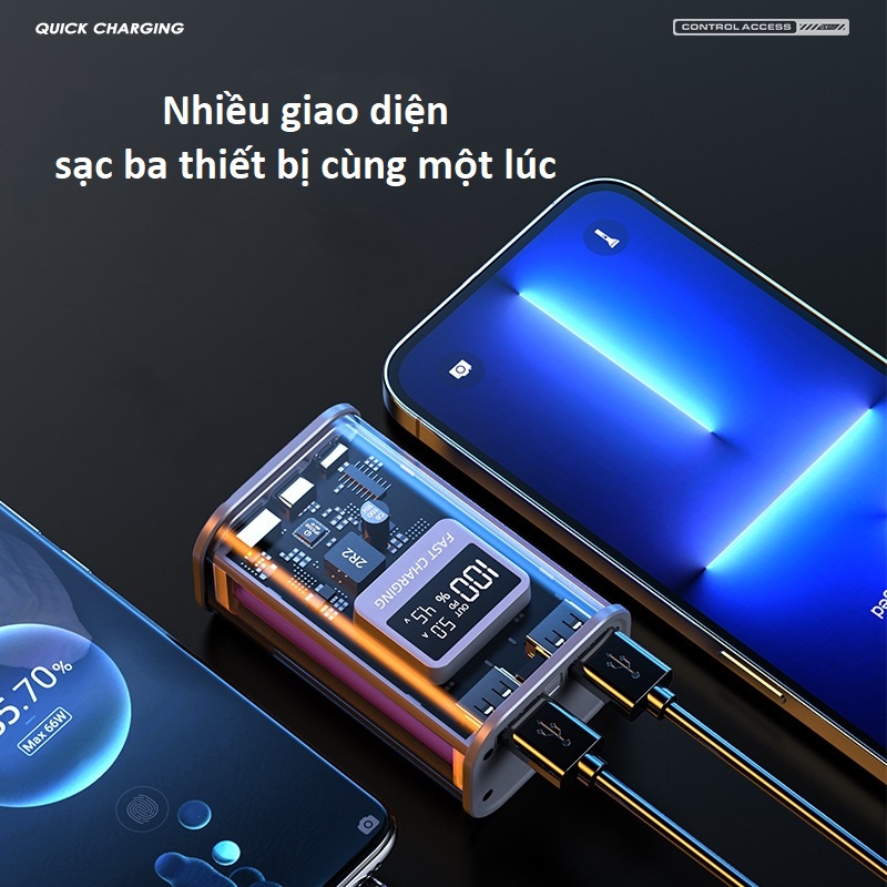 Pin Sạc Dự Phòng Di Động Fast charging trong suốt 10000mAh LED màn hình nguồn Power bank 22.5W Sạc ba thiết bị cùng một lúc