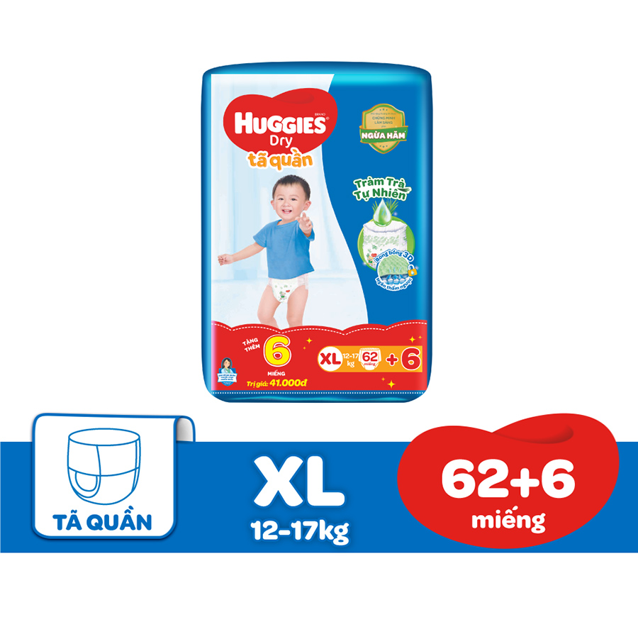 Tã Quần Huggies Dry Tràm Trà Tự Nhiên Gói Cực Đại XL62/XXL56 + Tặng 6 miếng