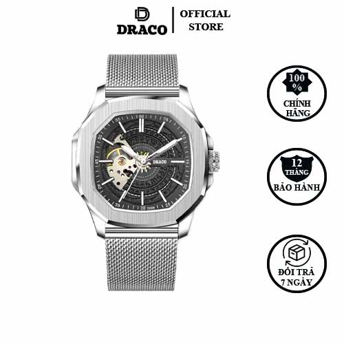 Đồng hồ nam Draco D23-DS68 “DongSon” Automatic trắng đen kết hợp chất liệu dây thép không gỉ màu bạc-thời trang nam thể thao