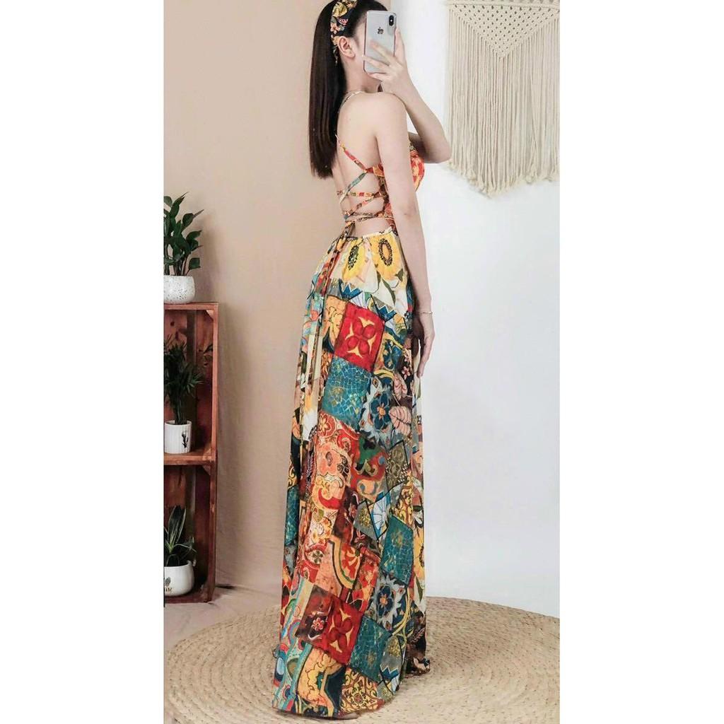 Váy đầm maxi họa tiết thổ cẩm đi biển đan 2 dây hở lưng xẻ tà SAVVY Boho vintage dress cao cấp