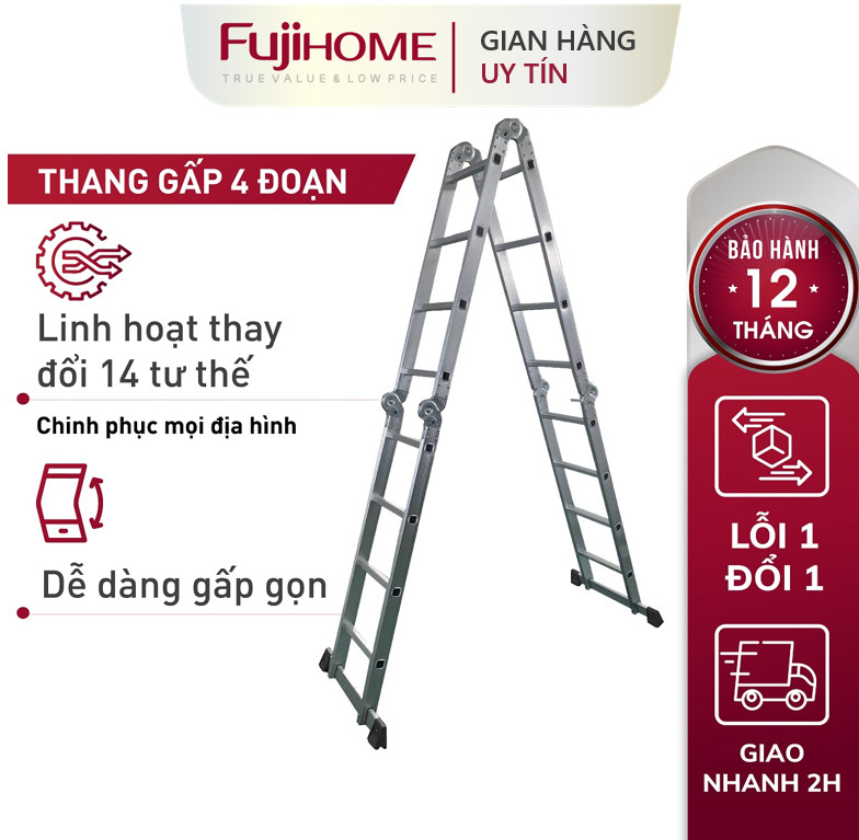 Thang nhôm gấp 4 đoạn chữ A Nhật Bản 4.4M Fujihome chống trượt đa năng, thang chữ M xếp gọn 4 khúc 4m4 mét có khóa an toàn gia đình aluminum ladder - Hàng Nhập Khẩu