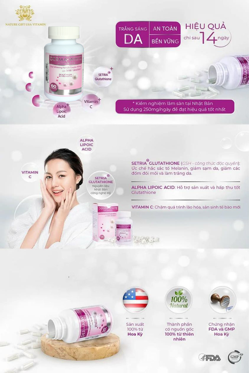 Viên uống trắng da DERMA WHITE ADVANCED - Glutathion 500mg