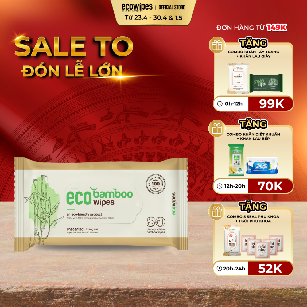 Khăn giấy ướt cao cấp EcoWipes gói 80 tờ vải sợi tre sinh thái Bamboo không mùi có thể phân hủy