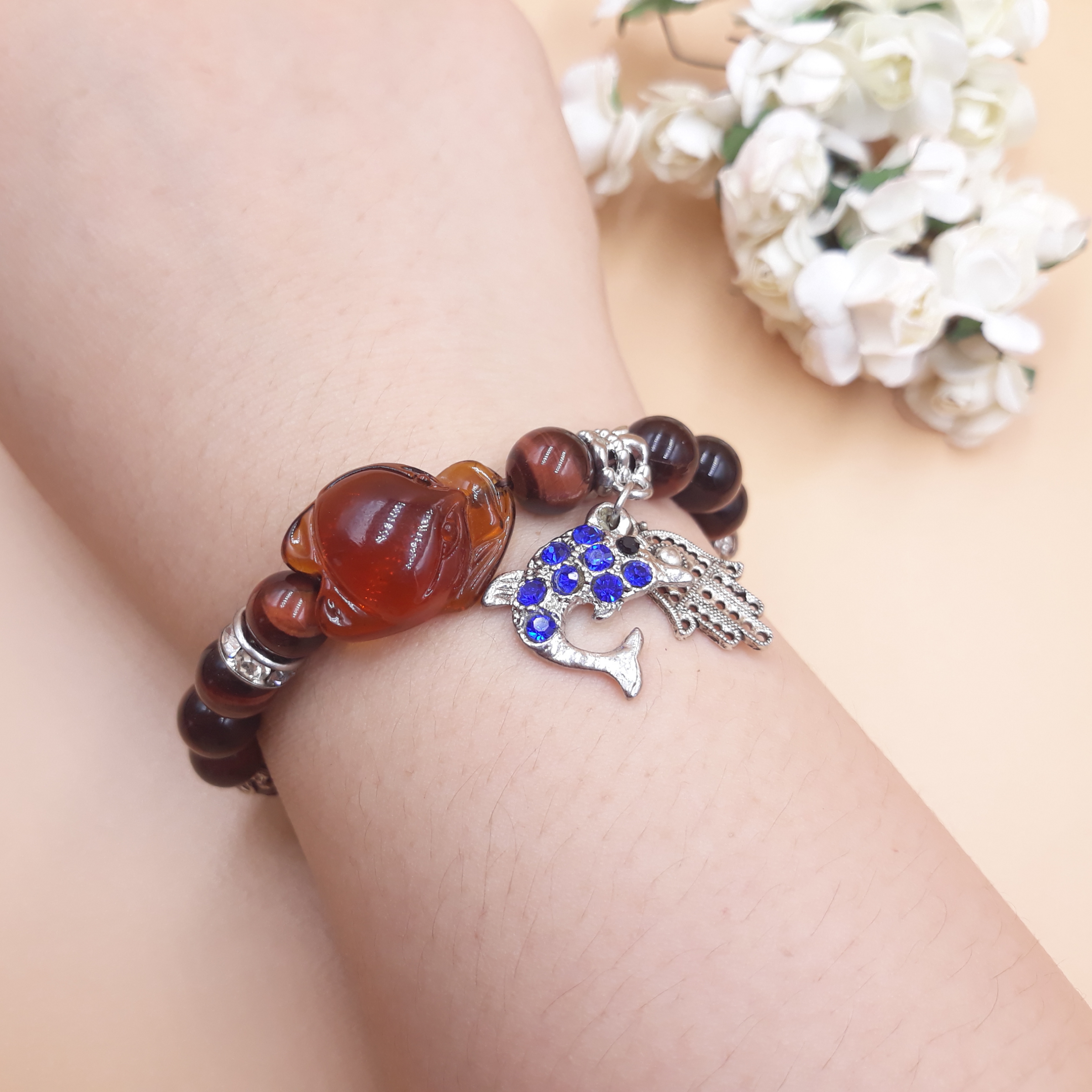 Vòng Tay Hồ Ly Baby Topaz Đỏ Phối Đá Mắt Hổ Đỏ Mix Charm