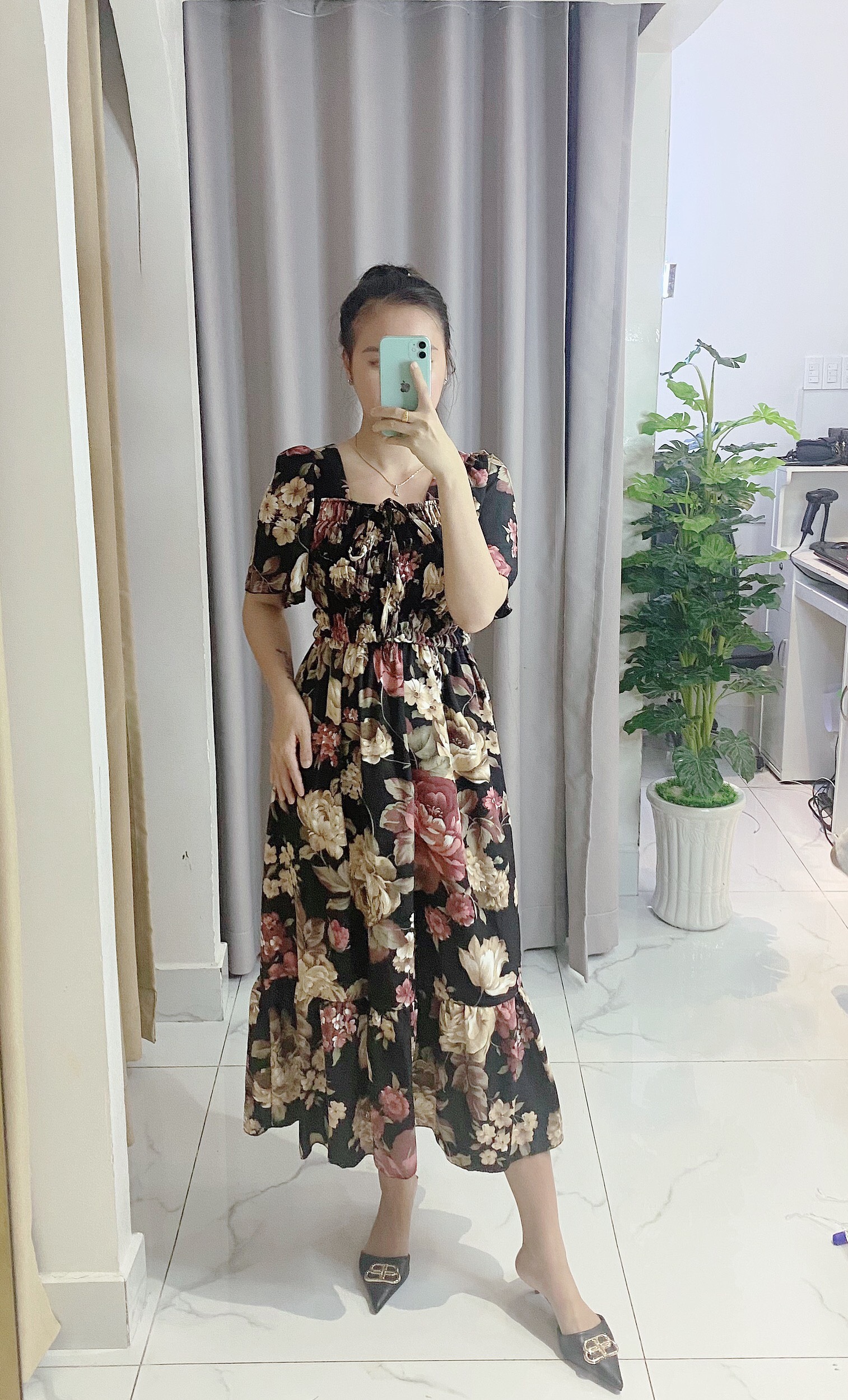 Váy nữ thời trang tiểu thư tiệc cưới, váy maxi hoa cổ vuông cánh tiên chất lụa bao mát,không nhăn V012