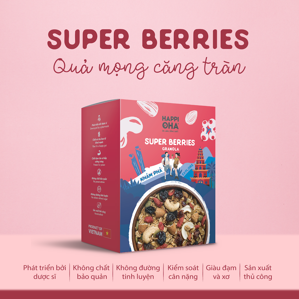 Granola Super Berries HAPPI OHA - Ngũ Cốc Ăn Sáng/Ngũ Cốc Ăn Kiêng Không Đường Tinh Luyện Vị 8 Loại Hạt Trái 280g