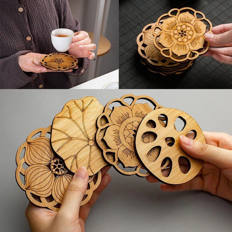 Bộ 4 Miếng Lót Cốc Cafe Bằng Gỗ Dùng Decor Quán Cafe Phong Cách Hoa Sen Việt Nam, Coasters Diy Chất Liệu Gỗ Bạch Dương