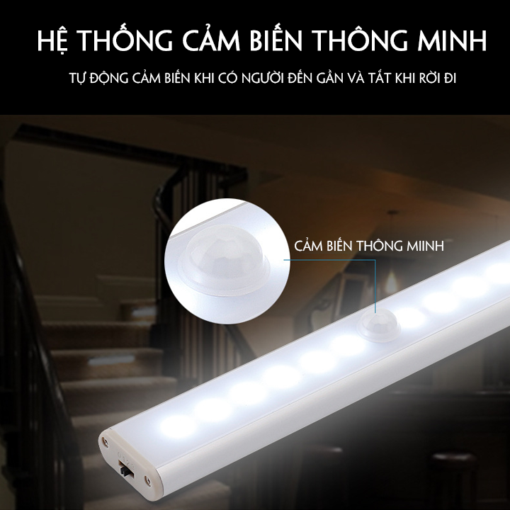 Đèn led gắn tủ quần áo dùng pin,cảm biến thông minh, gắn tủ quần áo tiện dụng