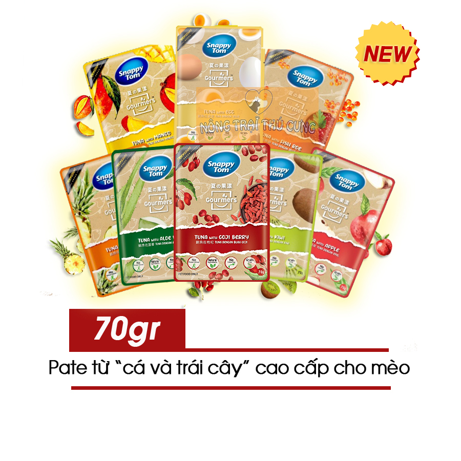 Pate mèo SNAPPY TOM gói 70g Vị trái cây - Pate cho mèo 8 vị dinh dưỡng bổ sung chất xơ, hỗ trợ dưỡng da, dưỡng lông