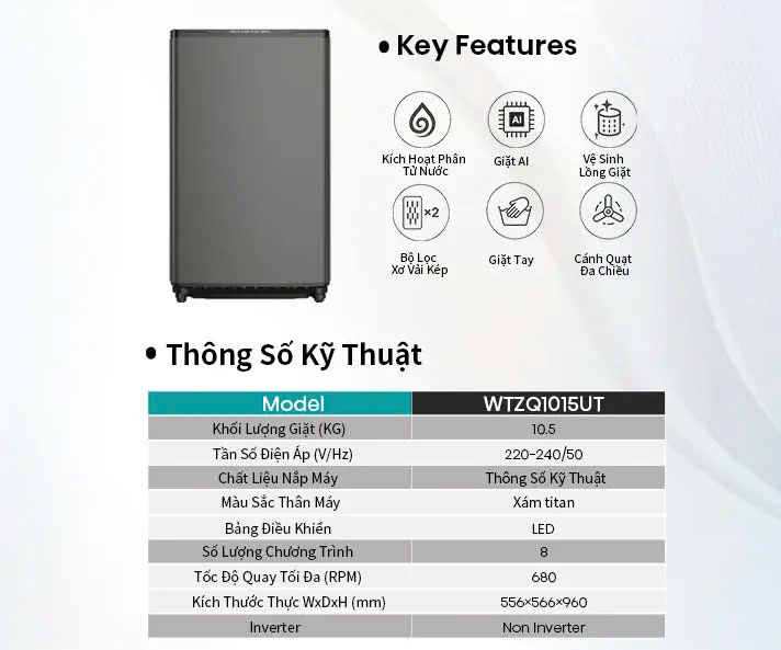 Máy giặt Hisense cửa trên WTZQ1015UT 10.5kg bộ lọc xơ vải kép, bảo hành 3 năm - HÀNG CHÍNH HÃNG