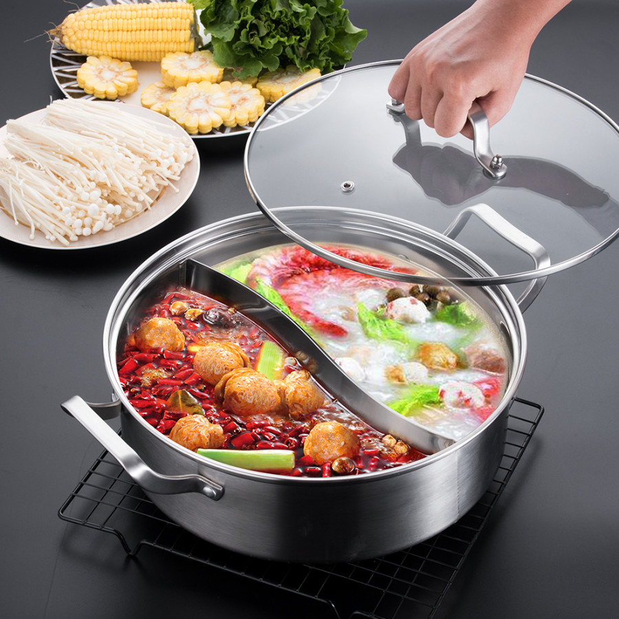 Nồi lẩu 2 ngăn inox 304 có nắp - Onlycook - 30CM