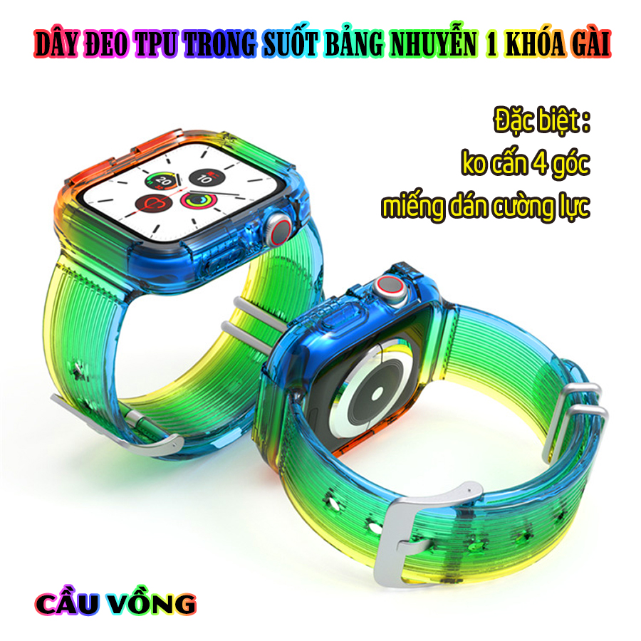 Dây Đeo liền ốp dành cho Apple Watch 7654321 size 384041424445mm TPU trong suốt bản nhuyễn 1 khóa gài - Cầu Vồng tặng cường lực dẻo theo size - 42mm
