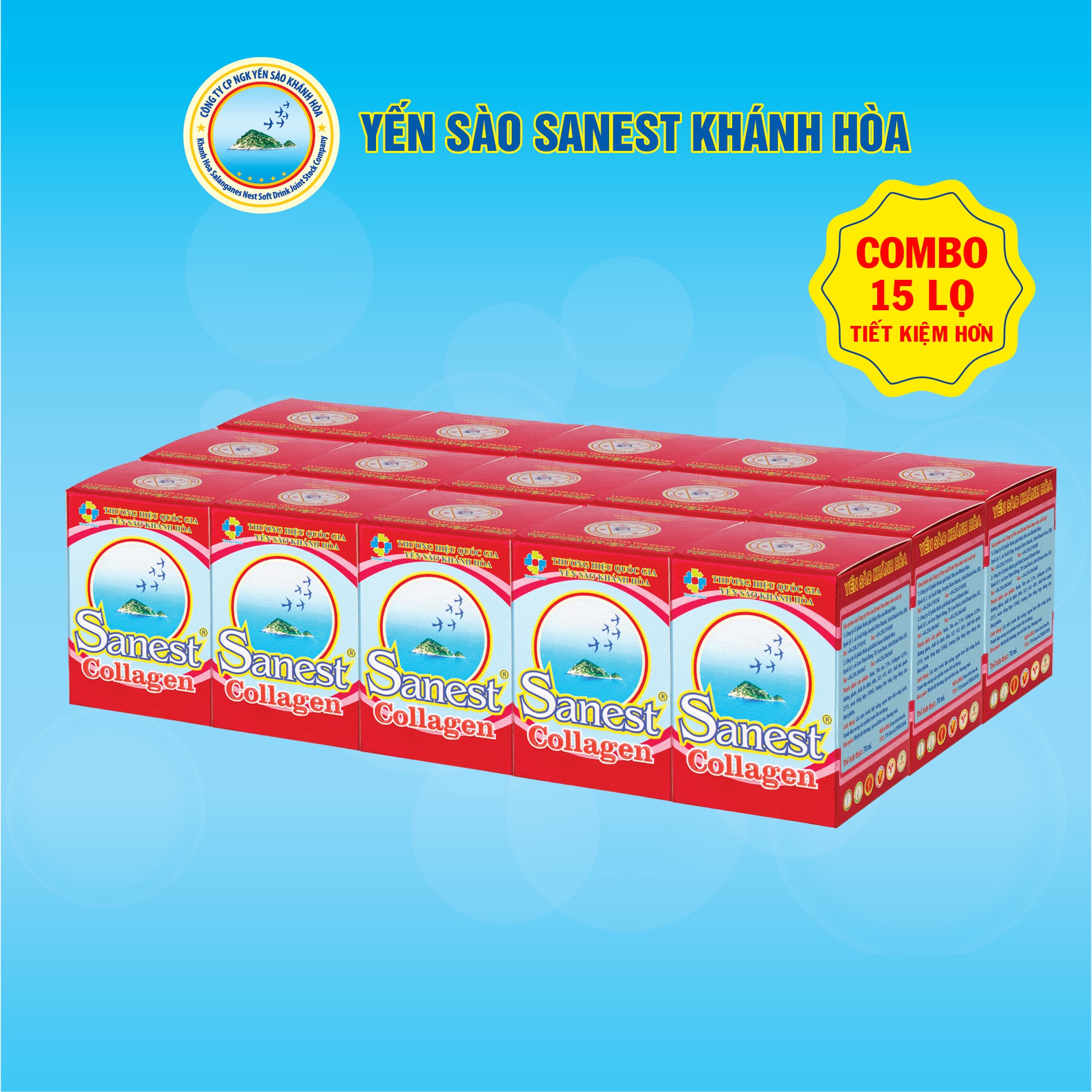 [Combo 15 lọ] Nước Yến sào Khánh Hòa Sanest Collagen đóng lọ 70ml - 770