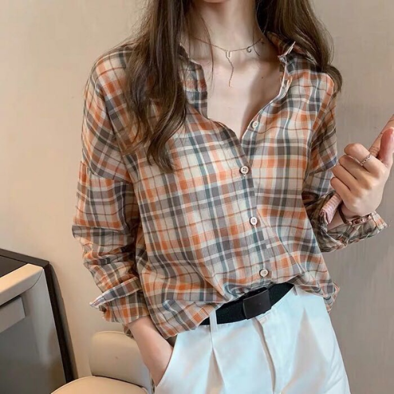Áo sơ mi nữ đũi Việt Thiết kế kẻ caro trẻ trung DV68