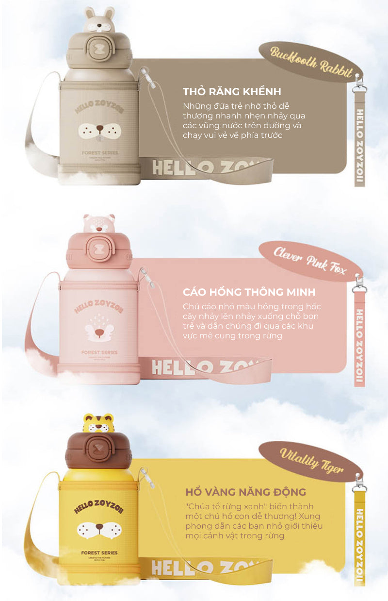 Bình nước giữ nhiệt cho bé Zoyzoii E8 có túi đựng Thermos cup, chất liệu inox 316 cao cấp, nắp chống rò nước an toàn, hình thú đáng yêu - Hàng chính hãng