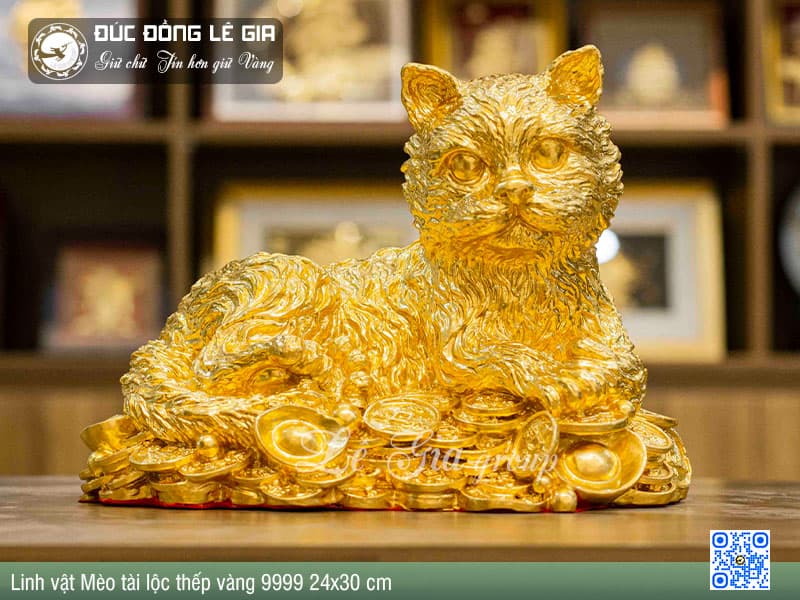 Linh vật mèo tài lộc thếp vàng 9999 - 24x30cm